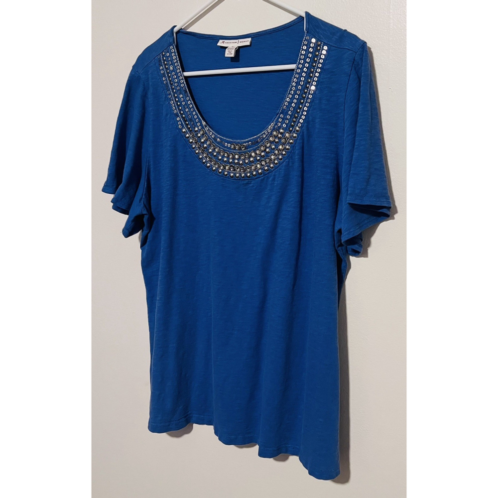 JM Collection Embellished Top Womens 1X Blue Silver T-Shirt Jeweled Studded Tee